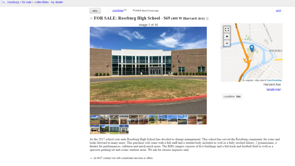 For Sale: Roseburg High School? Craigslist ad offers ...