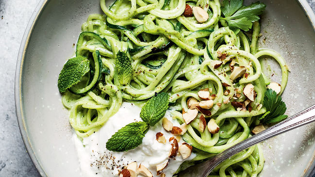 Pesto Zucchini Noodles with Burrata