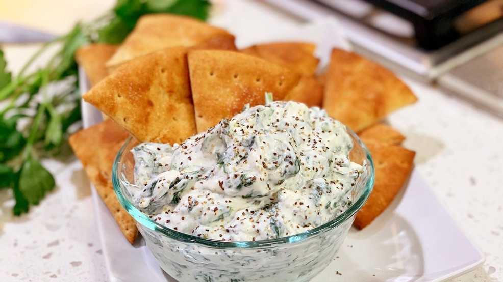Cooking with Chef Bryan Creamy Spinach Feta Dip with Pita Bread Chips